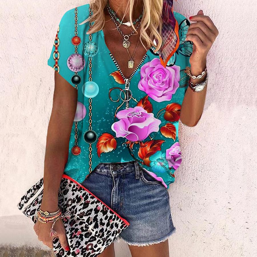 Top de mujer de verano nuevo de moda con estampado de flores rosas y flores brillantes, informal, con cremallera, cuello en V, manga corta