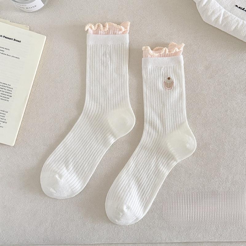 

Qiao Jia Bear Socks - Children s White Colorful Striped Rolled Edge Mid-Calf Women s Socks with Embroidery - Trendy Socks 1 pair