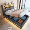 Upholstered Bed 140×200 with Hydraulic Storage APP-controlled LED Light Strip USB Charging Port Metal Slatted Frame Linen Upholstery Grey.