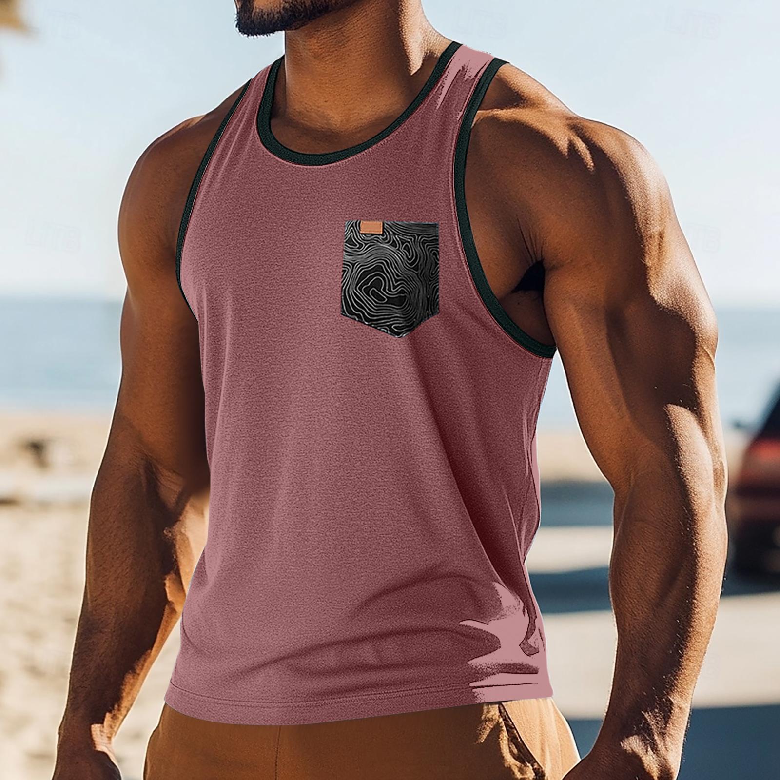 

Men’s Athletic Tank Top with Trim and Patterned Chest Pocket Casual Sleeveless Shirt for Everyday Wear XXXL винний