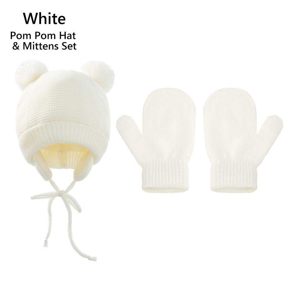 1-4 Years Fleece Lined Winter Earflap Beanie Hat Kids Hat Gloves Set Pom Pom Hat Mittens