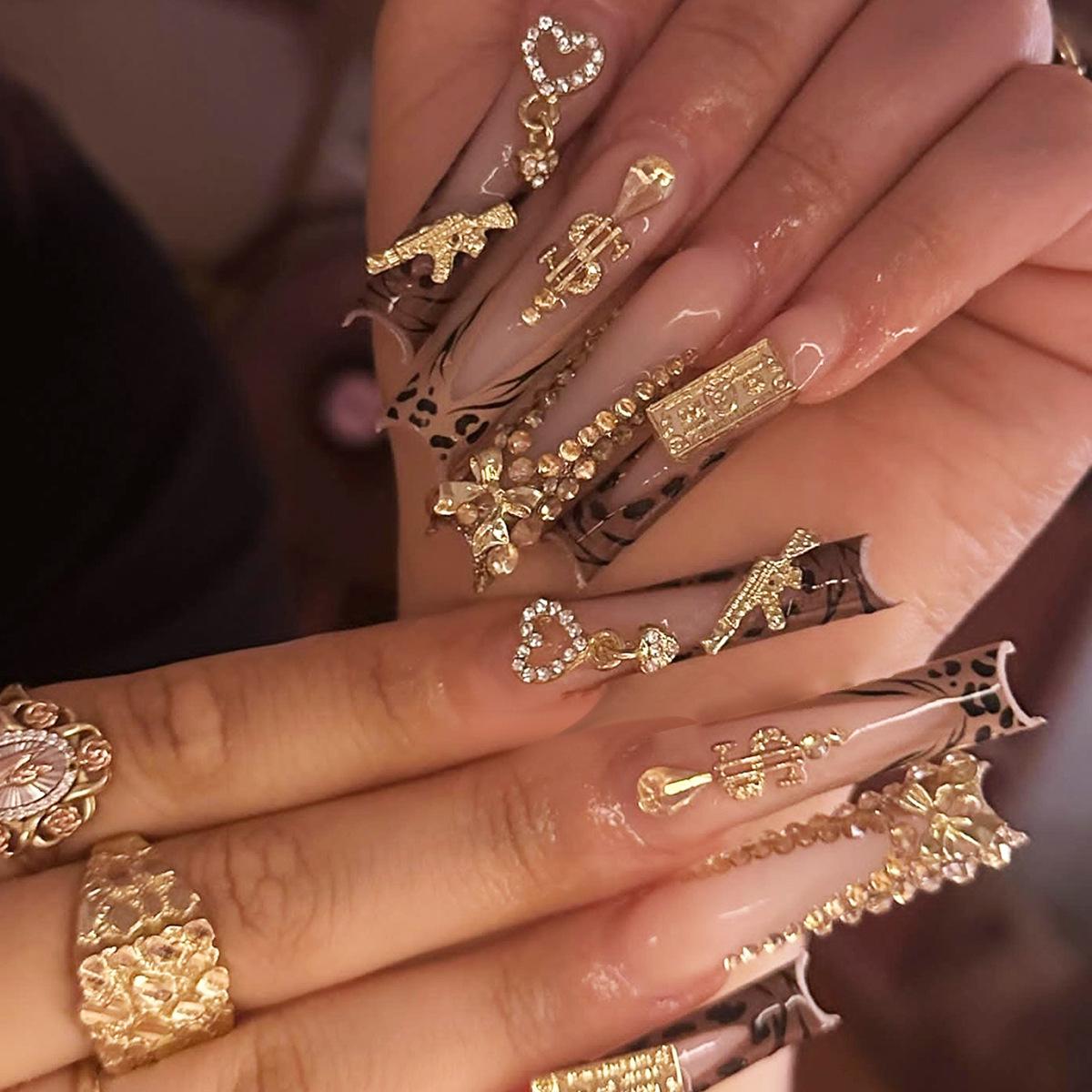 

European/American Bowknot Rhinestone Leopard Long False Nails with Gold Inlay.