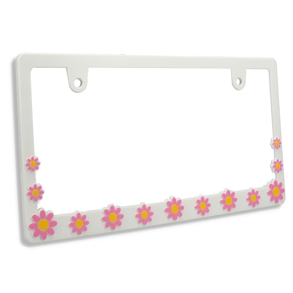 DAISY License Plate 3D Floral for Cars Set of with New Frames, Pattern, Matte, (White Pink, 2) [Compliant Regulations]