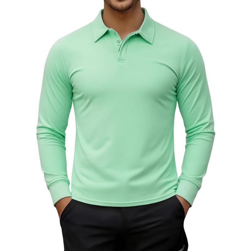 Men's Long Sleeve Polo Shirt Casual Solid Color Button Placket Collared Top