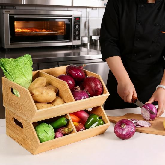 Yousheng Kitchen Bamboo Storage Bin Potato And Onion Storage Box with Handles Stackable Kitchen Organizer for Countertop Pantry Fruit Vegetable Snacks
