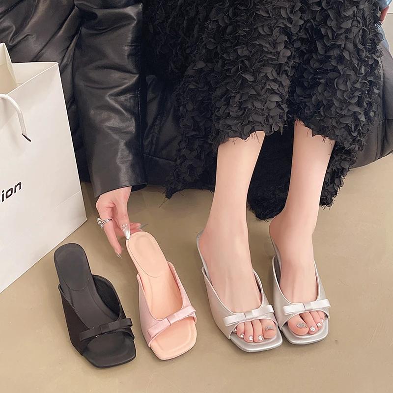 Fashion Women's Slippers Thin Heels Square Toe Butterfly-knot Shoes Women Dress All-match Fashion Elegant One-word Zapatillas De Mujer