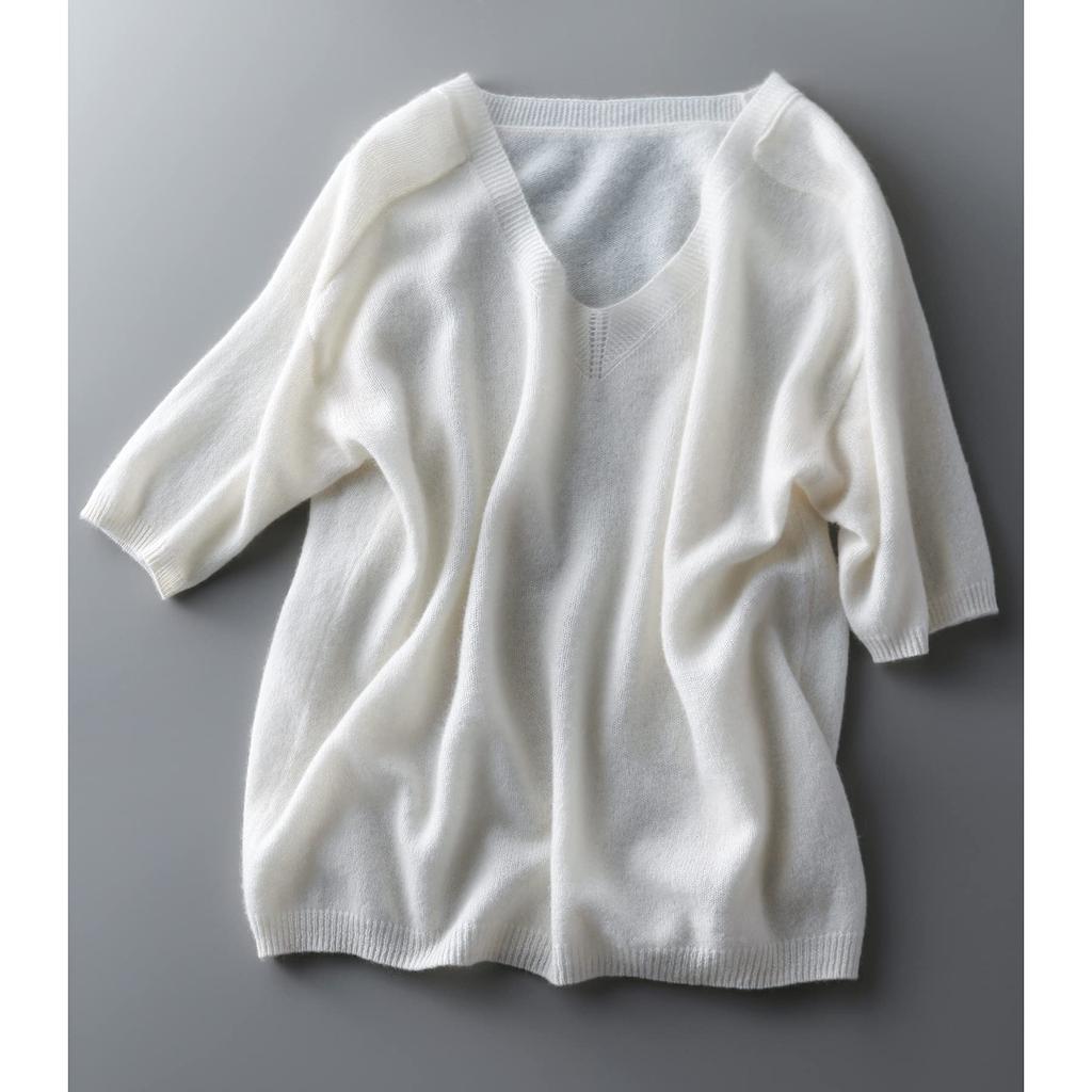 Summer cut and knit 2XL [Bolan Verl] knit, sewn, V-neck, 5/8 sleeve, top, clean, simple, plain, spring, summer, fall, women's, loose, sheer, white,