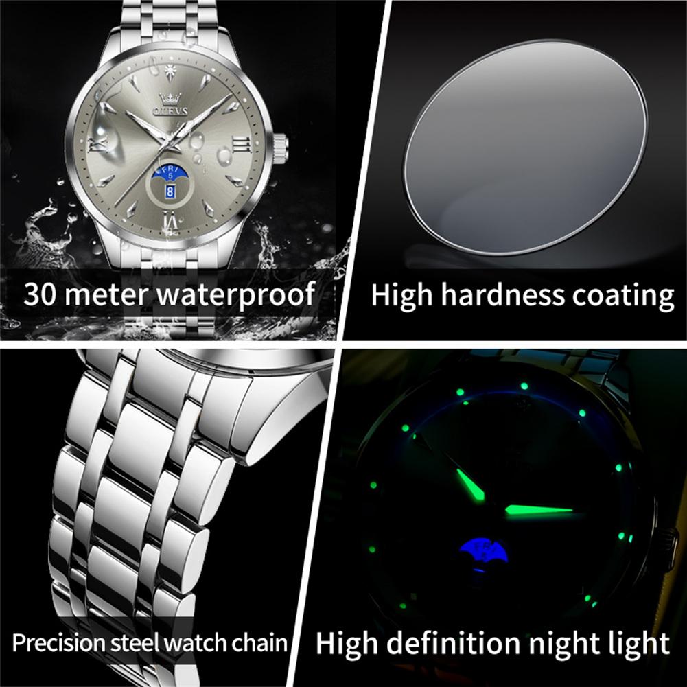 OLEVS 3646 Quartz Watch Men Classic Business Solid Steel Strap Men's Wristwatch Calendar Week Waterproof Luminous Watch