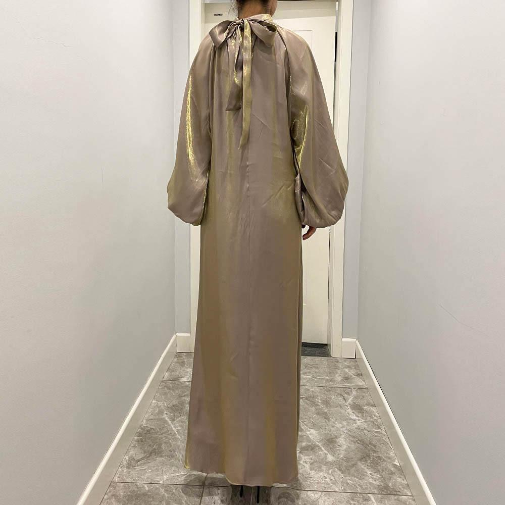 Damenkleidung, einfarbig, große Laternenärmel, helle Seide, lange Ärmel, Stehkragen, Rückenbindung, muslimisches Kleid, 6 Farben
