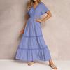 Women's V Neck Lace Trim Tiered Maxi Dress Short Flutter Sleeve Casual Summer Dress