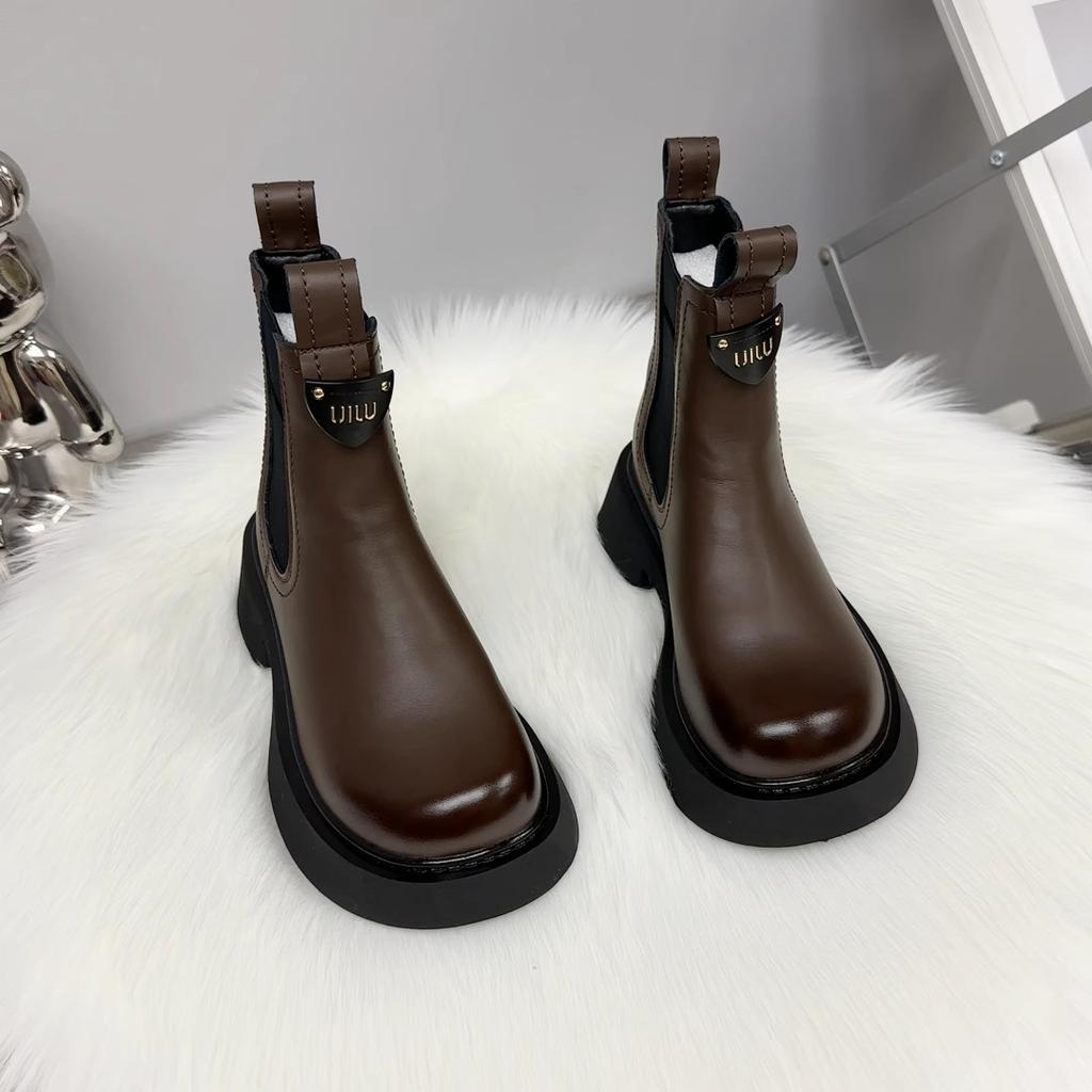 Leather Cigarette Boots Women's Fashion Martin Boots 2025 Autumn and Winter Velvet Mango Head Thick Sole Thin British Style Short Boots