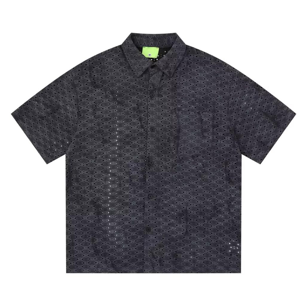 DRIPX Japanese Retro Jacquard Hollow Short-sleeved Shirts Summer Handsome Casual Loose Half-sleeved Shirt Tops Male Clothes