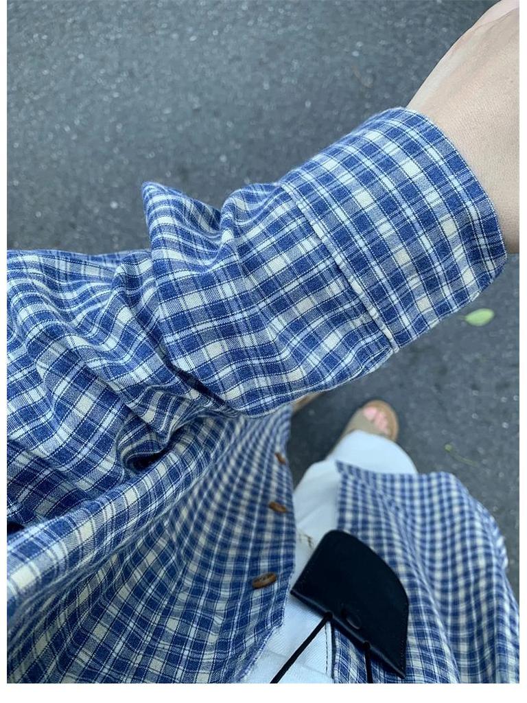 Women's Early Autumn Casual Blue Plaid Jacket-Shirt, American Retro Style
