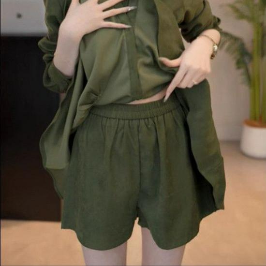 Spring 2026 French Polo Collar Waist-Cinching Shirt Dress & Shorts Set for Women XL [120-130 for reference]