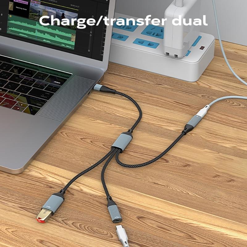 Type C Splitter Cable with 60W Charging and 480Mbps Data Transfer for Phones Tablets Laptops and More