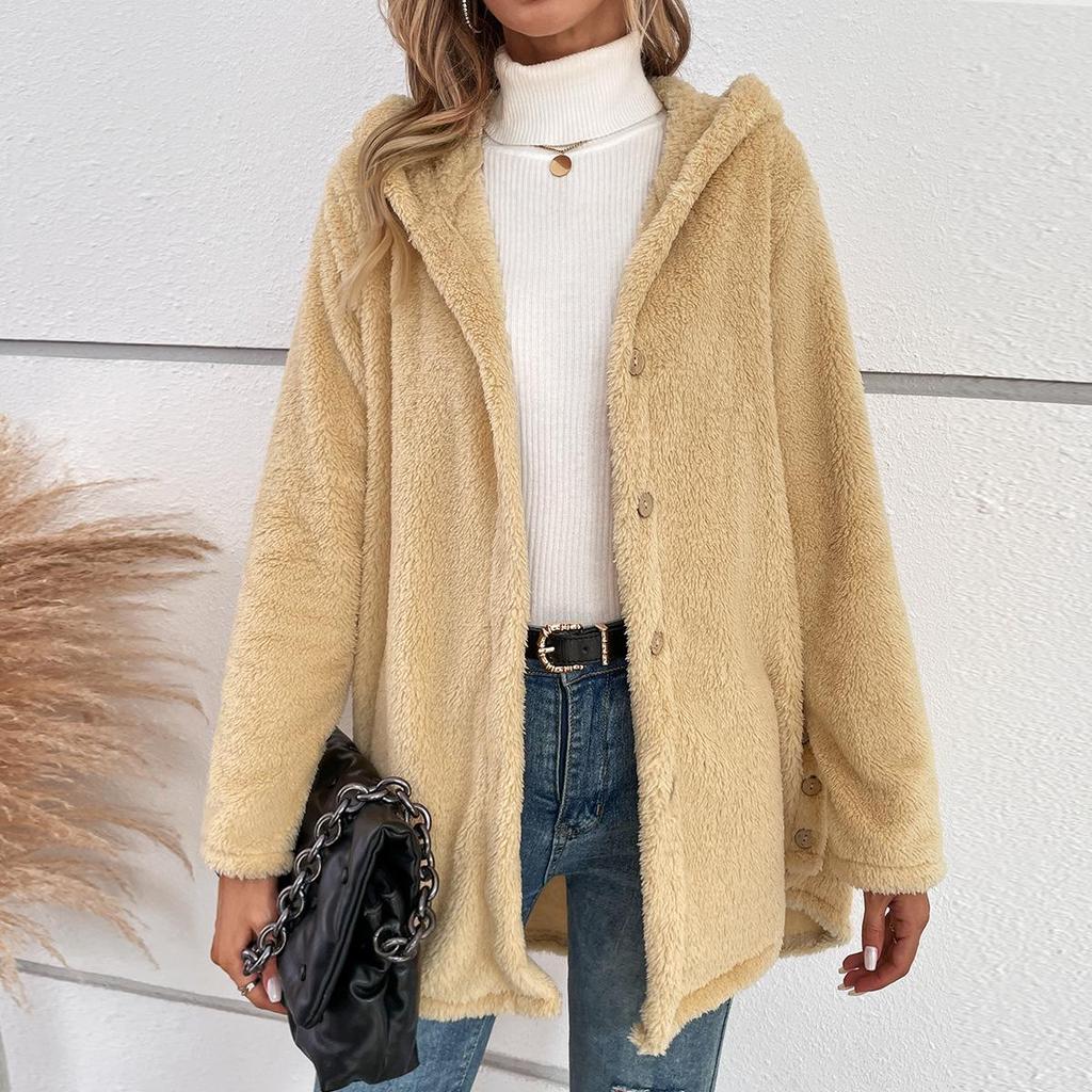 Hooded Coat: Women's Plush Irregular Button Solid Color - 77 Available