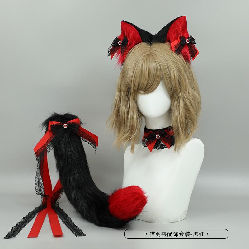 Süßes Katzenohren-Stirnband mit Schwanz Spitzen-Schleifen-Kragen Set Lolita Cosplay Kostüm Zubehör