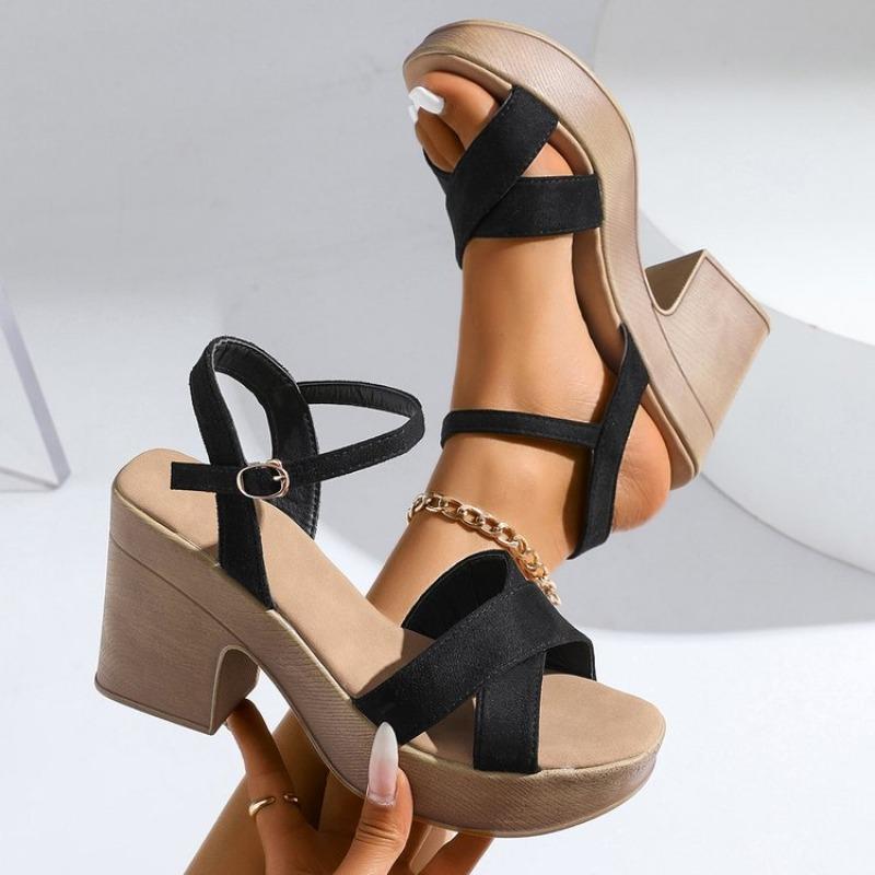 Women's Cross Tape High Heels Sandals 2026 Summer Ankle Straps Chunky Platform Sandals Woman Plus Size Thick Heeled Ladies Shoes