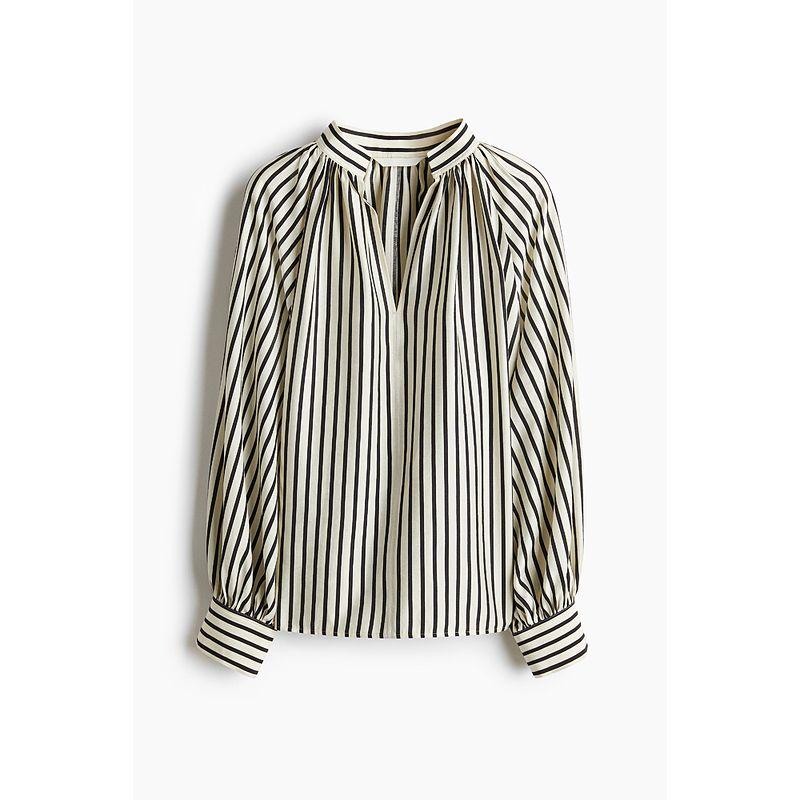 

HM Women s Shirt Autumn Stripes V-neck Lantern Sleeve Large Profile French Style Temperament Long Sleeves Tops 1258814 Cream/Stripes 155/76