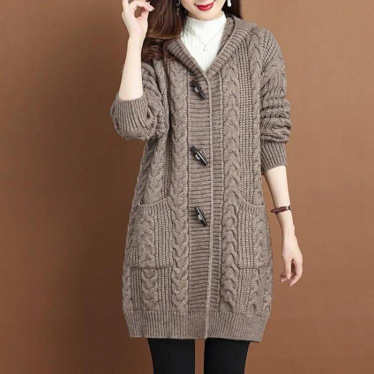 

Winter Oversize Sweaters Coat for Women Thickened Hooded Cardigan Loose Long Sleeve Solid Color Knit XXXL кавовий