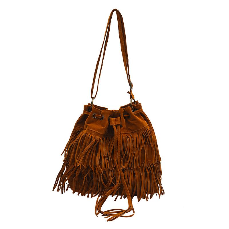Vintage-style Bucket Bag With Tassel, Drawstring Crossbody Bag, Simple Shoulder Bag For Travel And Daily Use