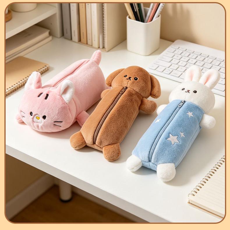 Cute Animal Plush Pencil Case, Large Capacity Stationery Organizer