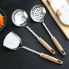 Durable Stainless Steel Kitchen Stir Fry Spoon Wood Handle Anti-scald Cooking Spatula Frying Spatula Kitchen Tools