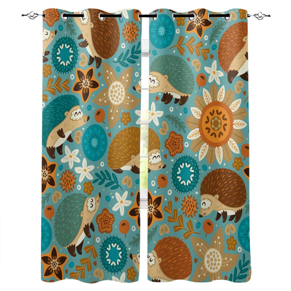 Watercolor Botanical Flowers And Raccoon Home Decor Window Curtains Bedroom Kitchen Curtain Panel Curtains for Living Room