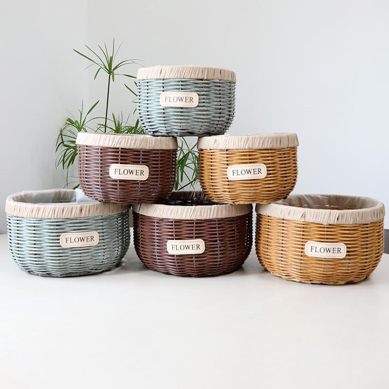 Imitation Rattan Flower Basket, Green Ivy Flower Pot, Living Room Container, Storage Basin, Green Plant Gardening Utensil, Flower Basket