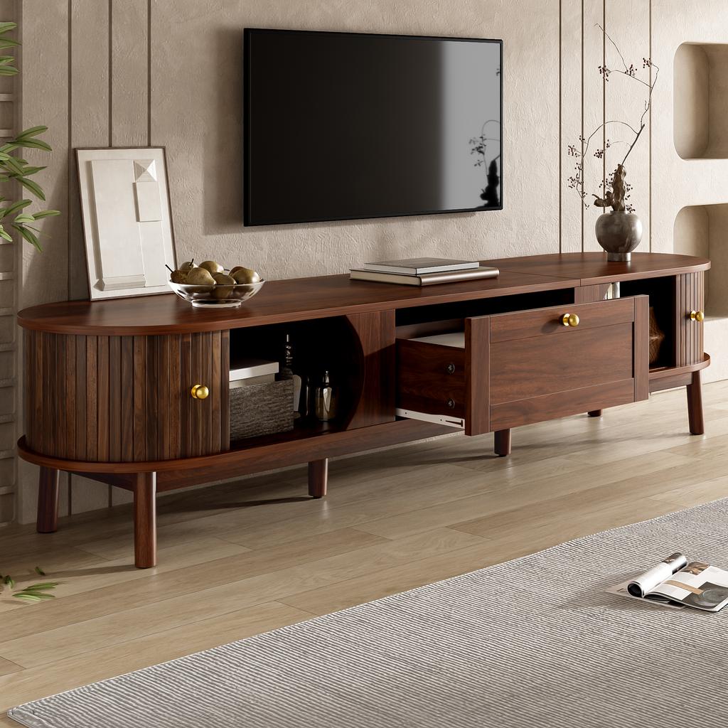 Modern TV Stand made of Solid Wood with Drawers, Classic Rounded Corners, Sturdy Wooden Legs, TV Stand with Storage Space for the Living Room.