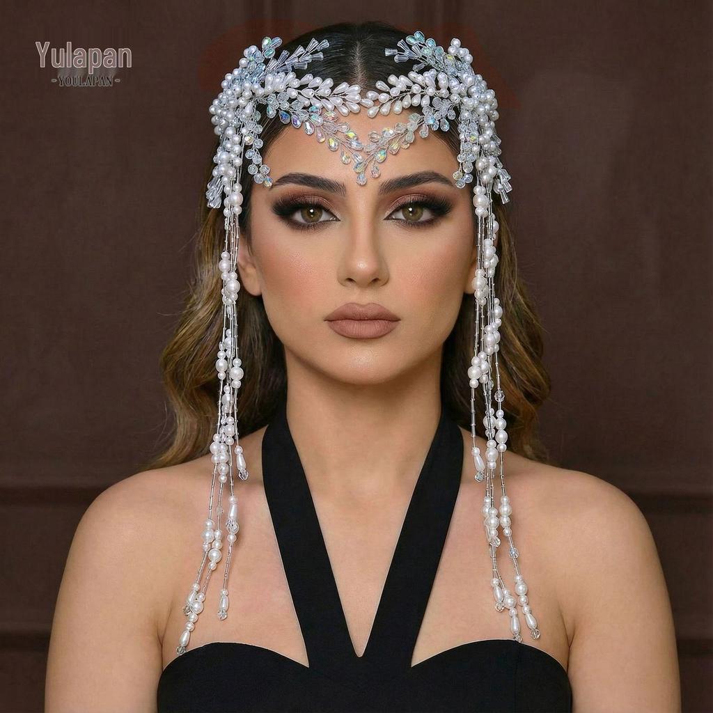 Yula Pan Bridal Crystal Hairband with Pearl Tassels and Mori Style Forehead Headdress (HP980)