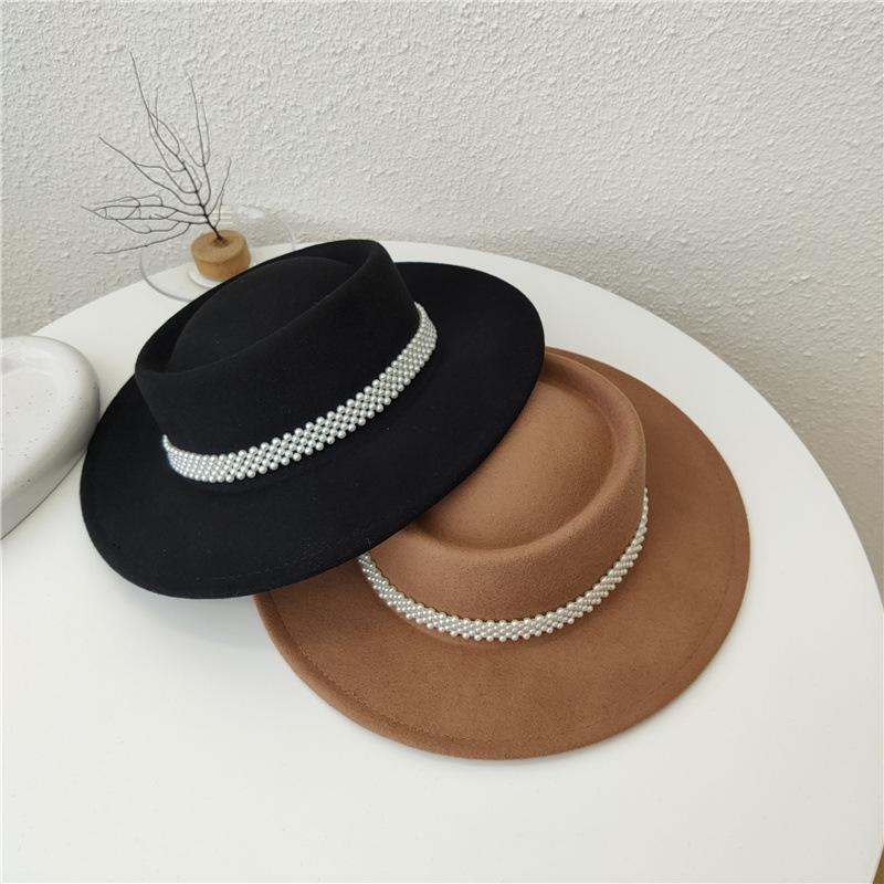 French Wool Woolen Groove Small Pearl Camel Hat Women's Autumn and Winter Fashion Versatile Personality Street Shot Concave Top Hat