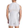 Men Yoga Sportswear Bodysuit Oil-shiny Finish Sheer Mesh Mock Neck Sleeveless Back Zipper Boxer Bottom One Piece Swimsuit