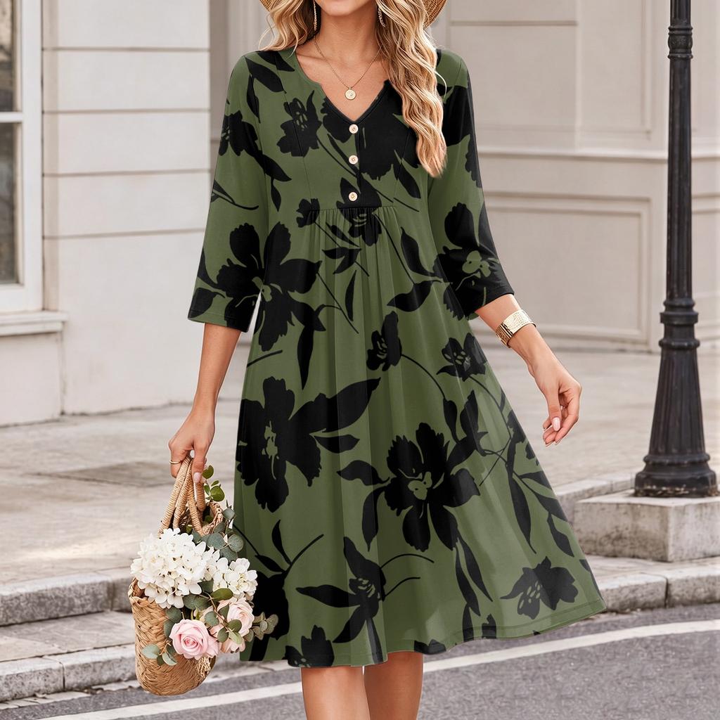 Women's Casual Floral Print V-Neck Three-Quarter Sleeve Dress