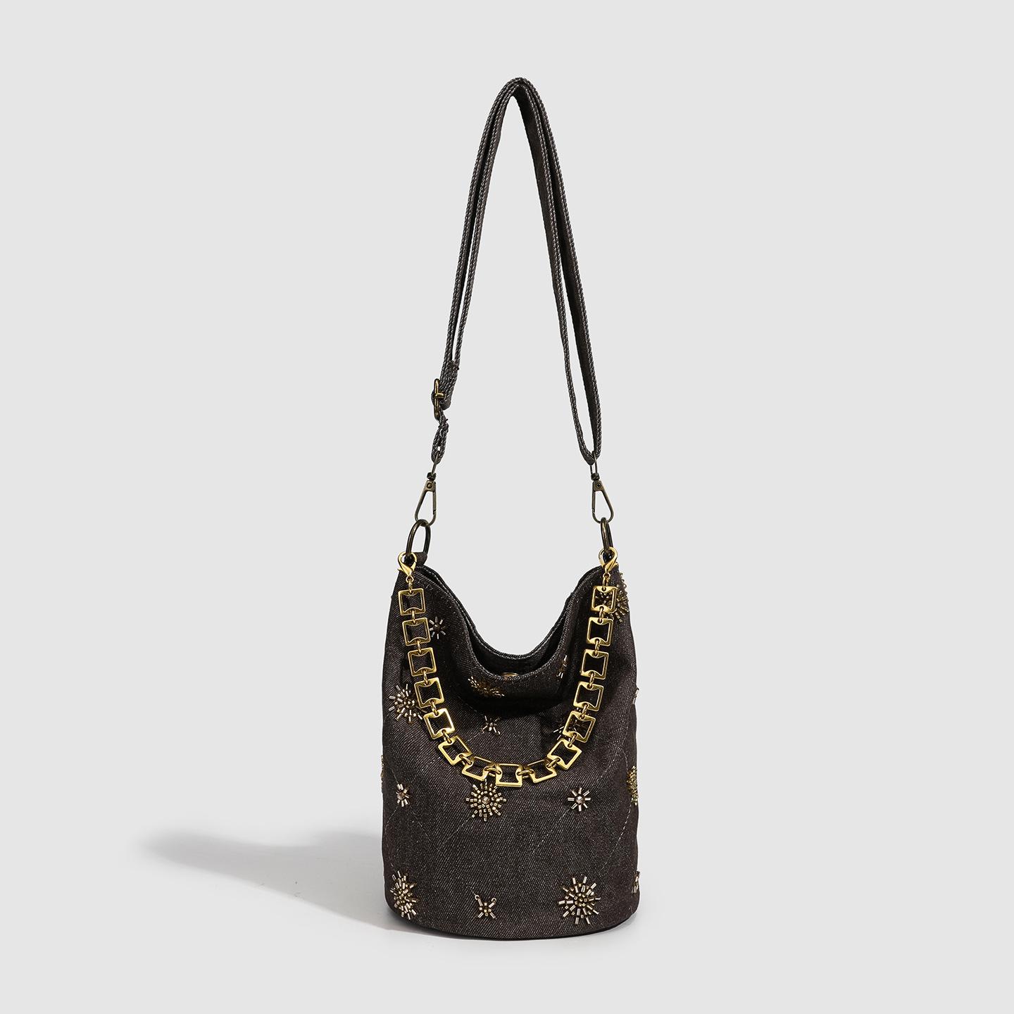 

Bead Embroidery Bucket Bag Large Capacity Denim Portable Shoulder Bag New Chinese Fashion Versatile Messenger Bag коричневый