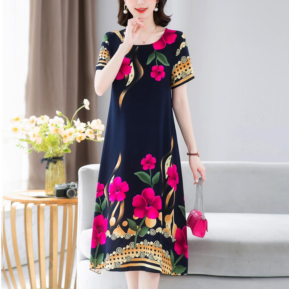 Dle Aged Mother Wearing Cotton Silk Dress Summer Dress for Long Vintage Loose Women Elegant Short Sleeve Casual O-neck Dresses Print Woman Clothing