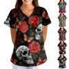 Damen Halloween Print V-Ausschnitt Locker Geschnitten Kurzarm Kasack mit Taschen