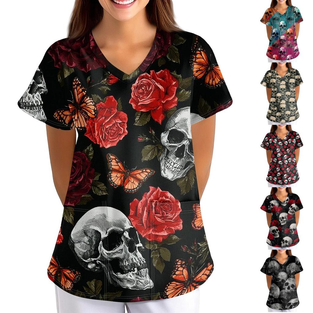 Damen Halloween Print V-Ausschnitt Locker Geschnitten Kurzarm Kasack mit Taschen