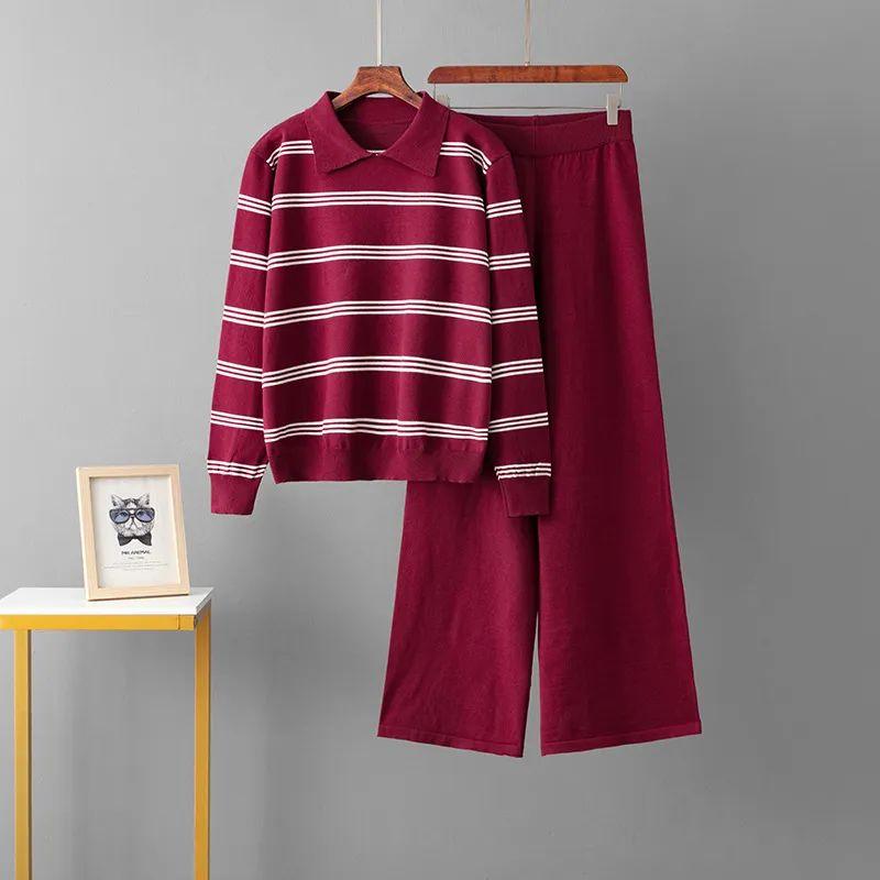 

Cross-Border Temu Foreign Trade Polo Collar Stripe Temperament Knit two piece Sweater Loose Casual Set Long sleeve Women clothes Red All yards