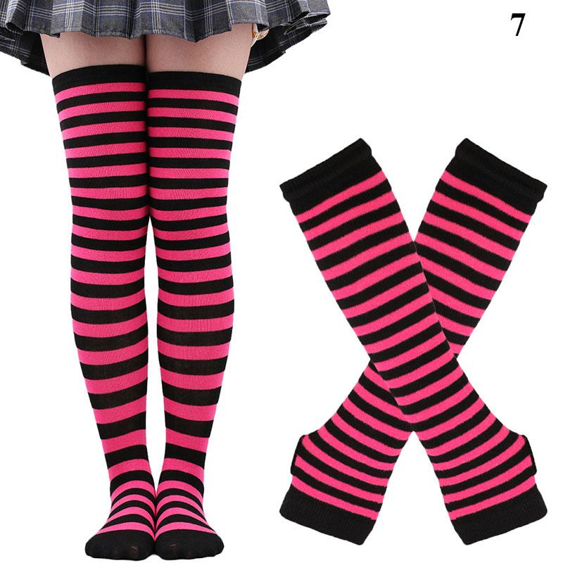 Y2K Women Girls Over Knee Long Stripe Printed Thigh High Cotton Socks Arm Sleeve Gloves 1 Set Overknee Socks Long Gloves 2024