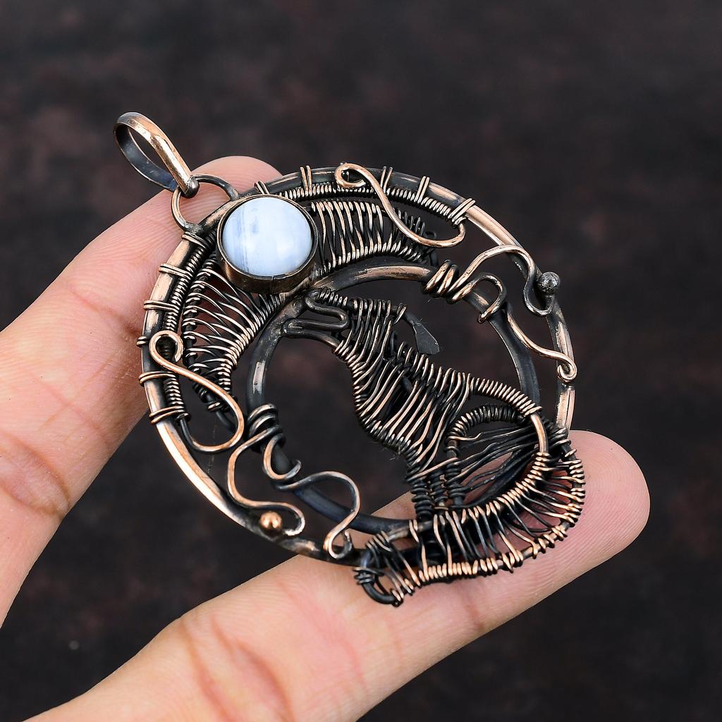 Blue Lace Agate Pendant Real Gemstone Pendant Copper Wire Wrapped Pendant Handmade Copper Jewelry Gift For Her Dog Pendant Wire Wrap Jewelry