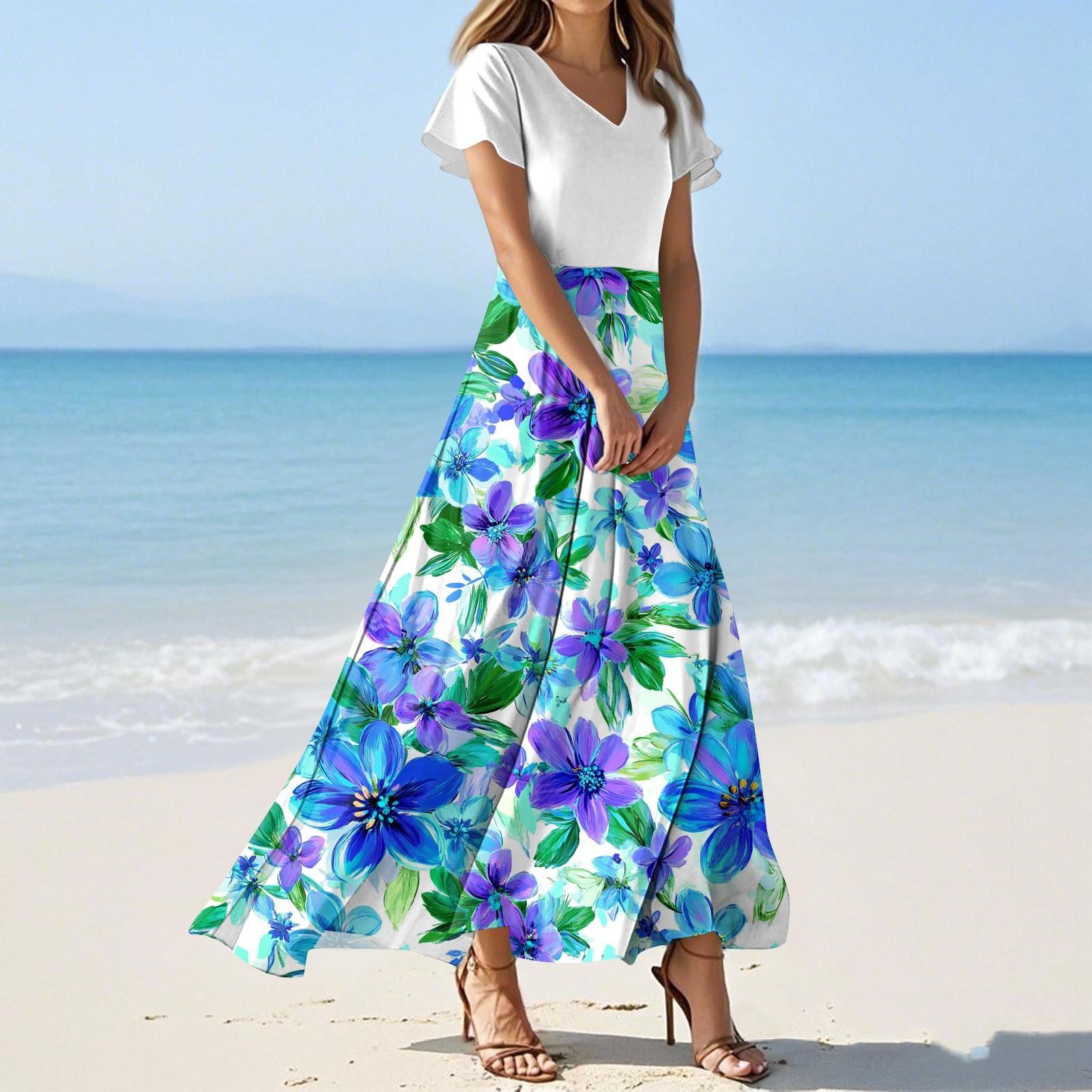 

Женские летние платья Повседневный сарафан Свободные платья с V-образным вырезом и струящимися оборками с короткими рукавами M синий