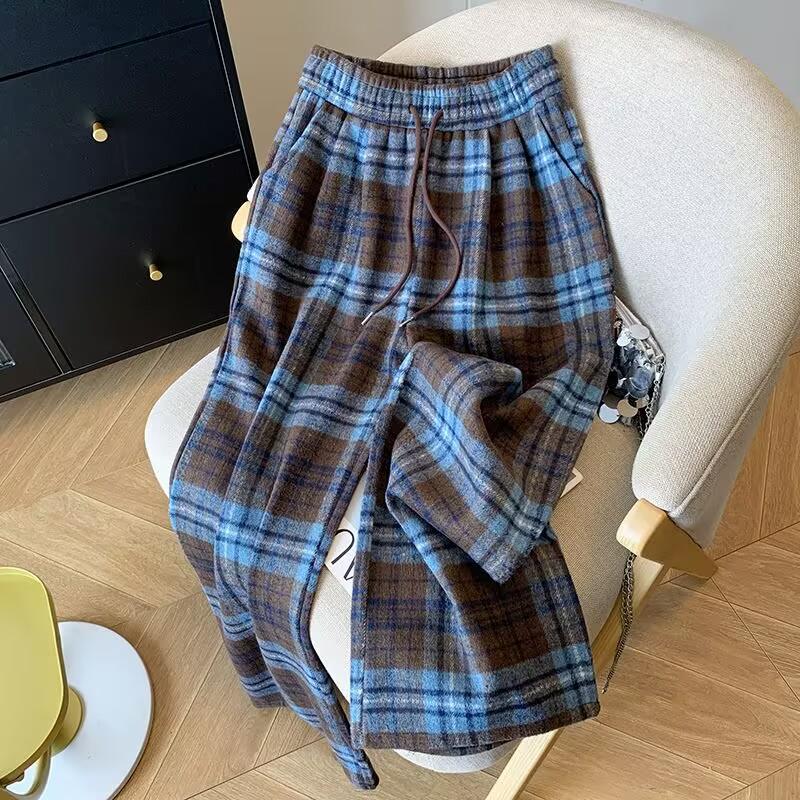Women'sPlaid Thickened Casual Pants Straight Leg Wide Leg Floor Length Trousers Autumn Winter Long Pants