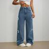 Europe Street Style Bowknot Wide Leg Washed Denim Pants