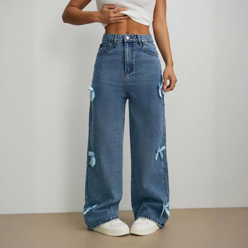 Europe Street Style Bowknot Wide Leg Washed Denim Pants