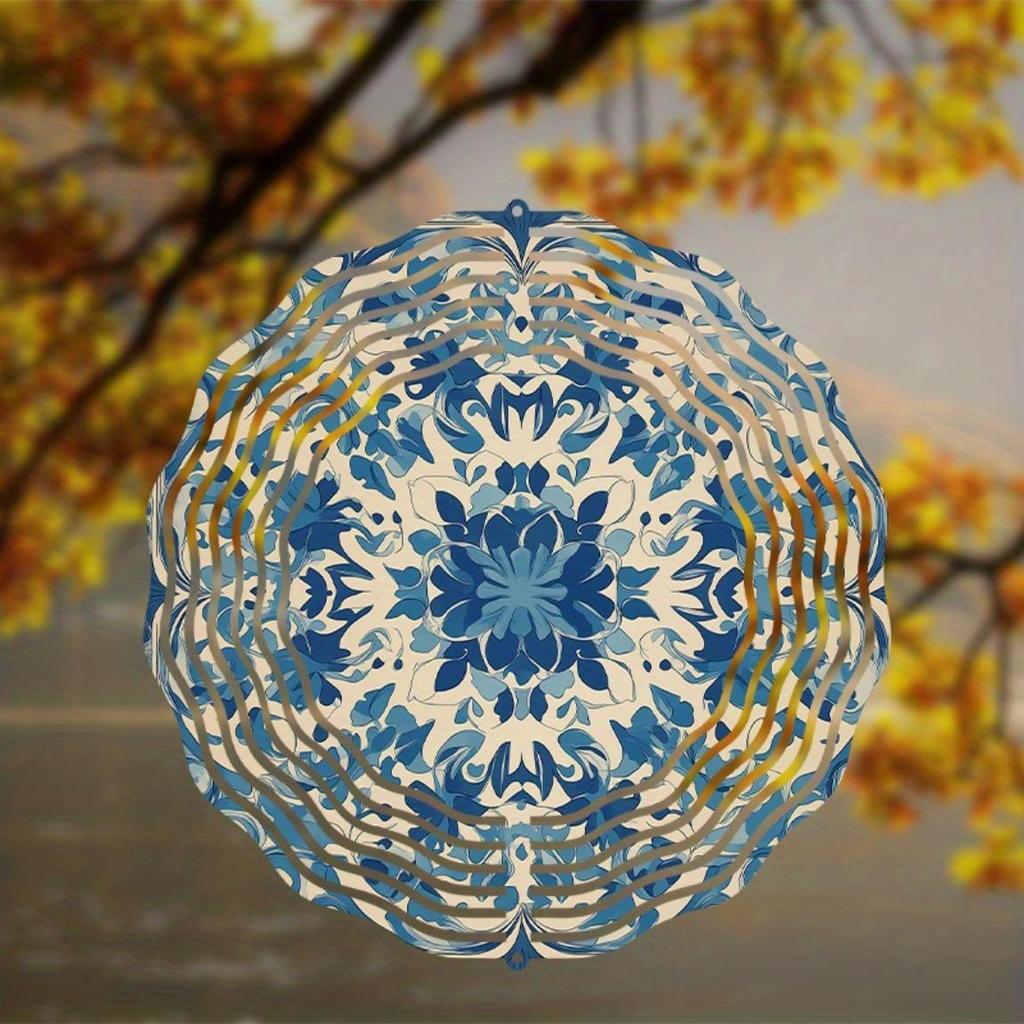 10 Zoll Blau Weiß Floral Metall Windspiel mit 360 Schwenkhaken für Garten Balkon Terrasse Außendekor Frühling Sommer
