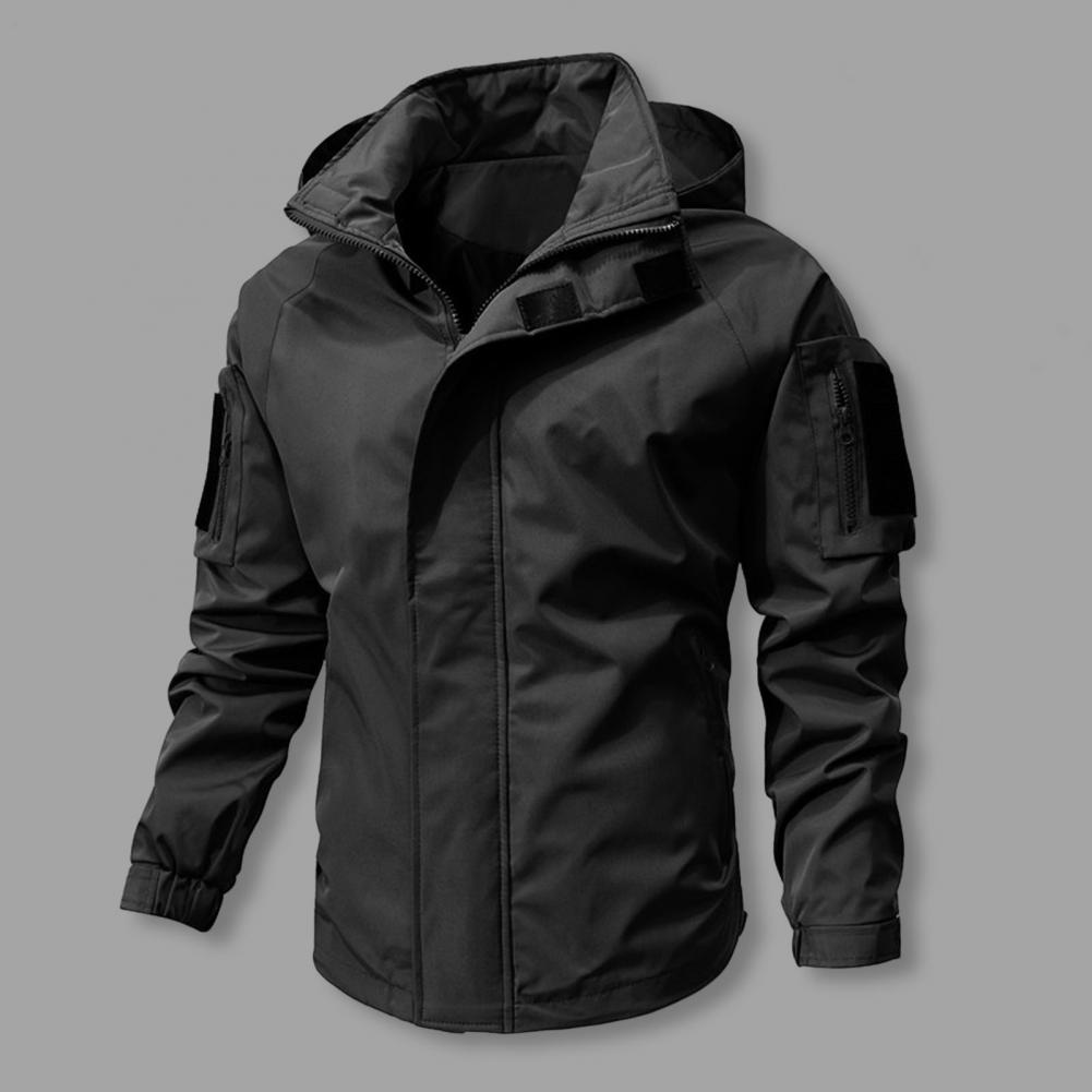 Men Casual Jacket Hooded Long Sleeve Windproof Jacket Multiple Pockets Full Zipper Closure Fastener Tape Trench Coat
