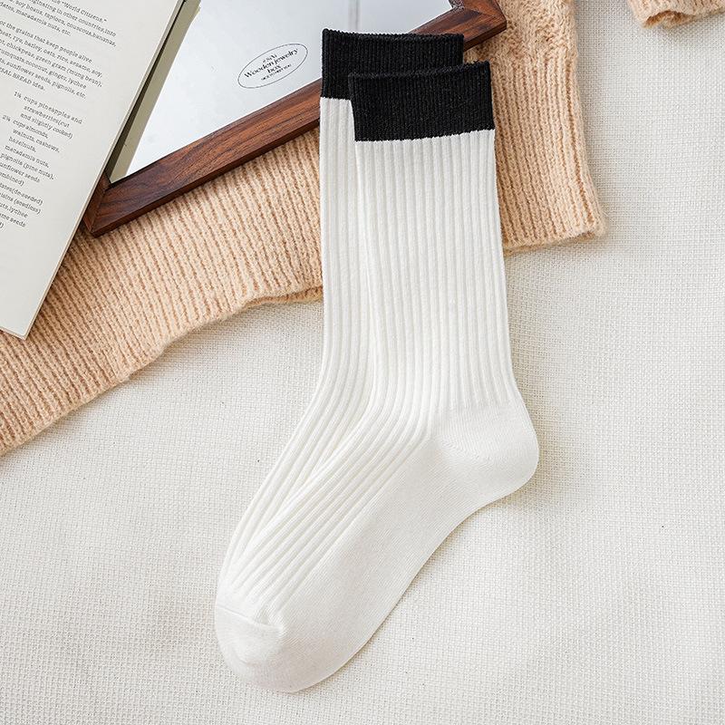 Retro Contrasting Socks Pure Cotton Tube Socks Season Dongdaemun Internet Celebrity Double Needle Boneless Pile Socks