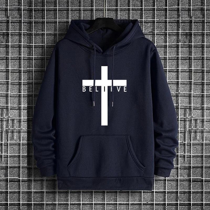 2025 Autumn Winter Hoody Outerwear Jesus Cross Printed Men Hoodies Urban Casual Streetwear Fashion Hooded Sweatshirt Male Trendy