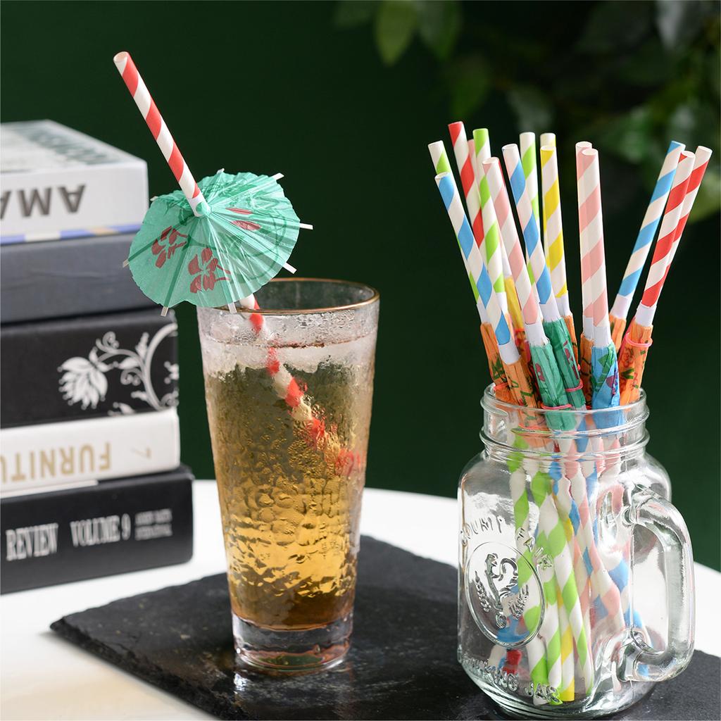 50PCS Umbrella Parasol Drinking Straws Disposable Degradable Tropical Drinking Straws Coloful